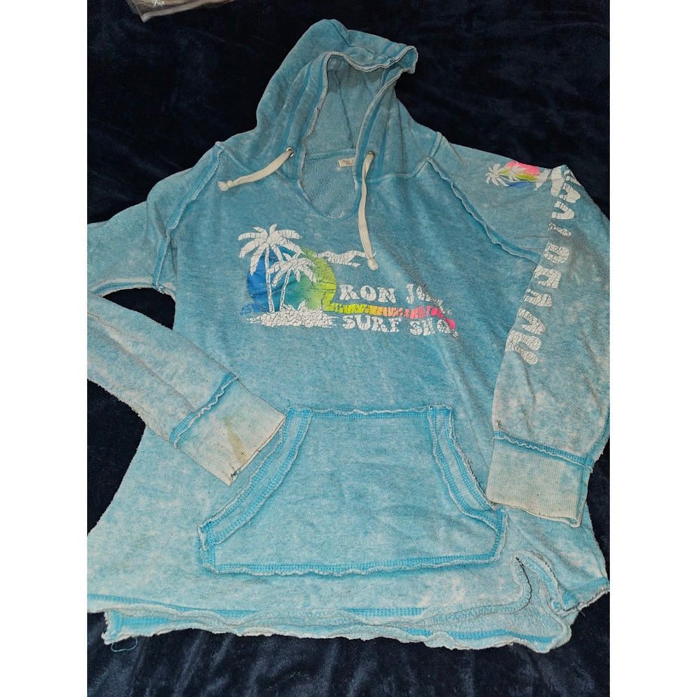 Ron Jon Surf Shop Cocoa Beach Hoodie Blue Acid Wash Burnout Graphic Pullover L
